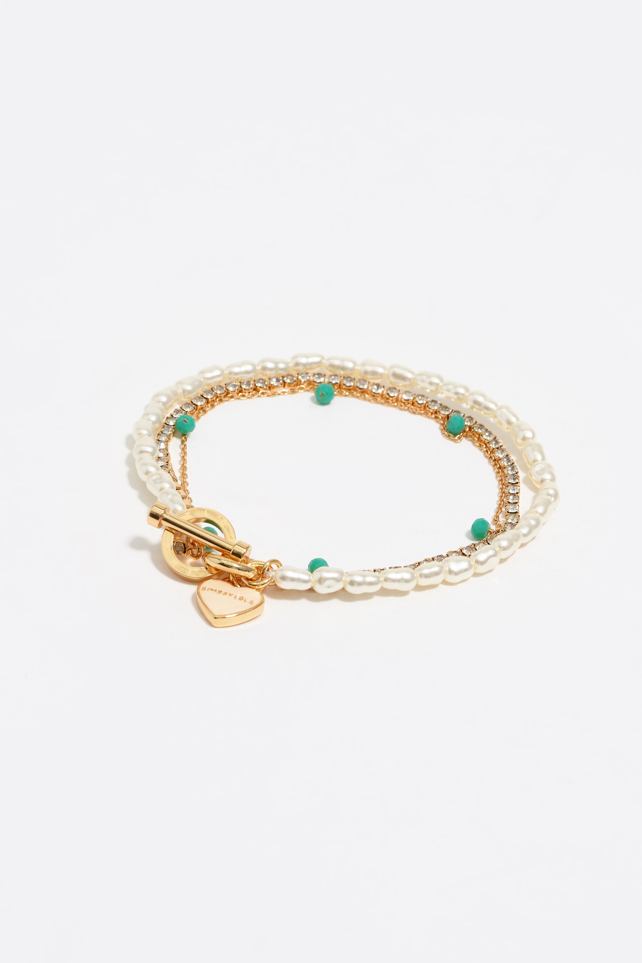 Doppelschichtiger Armband aus Goldton mit Ketten- und Perlenherzlogo