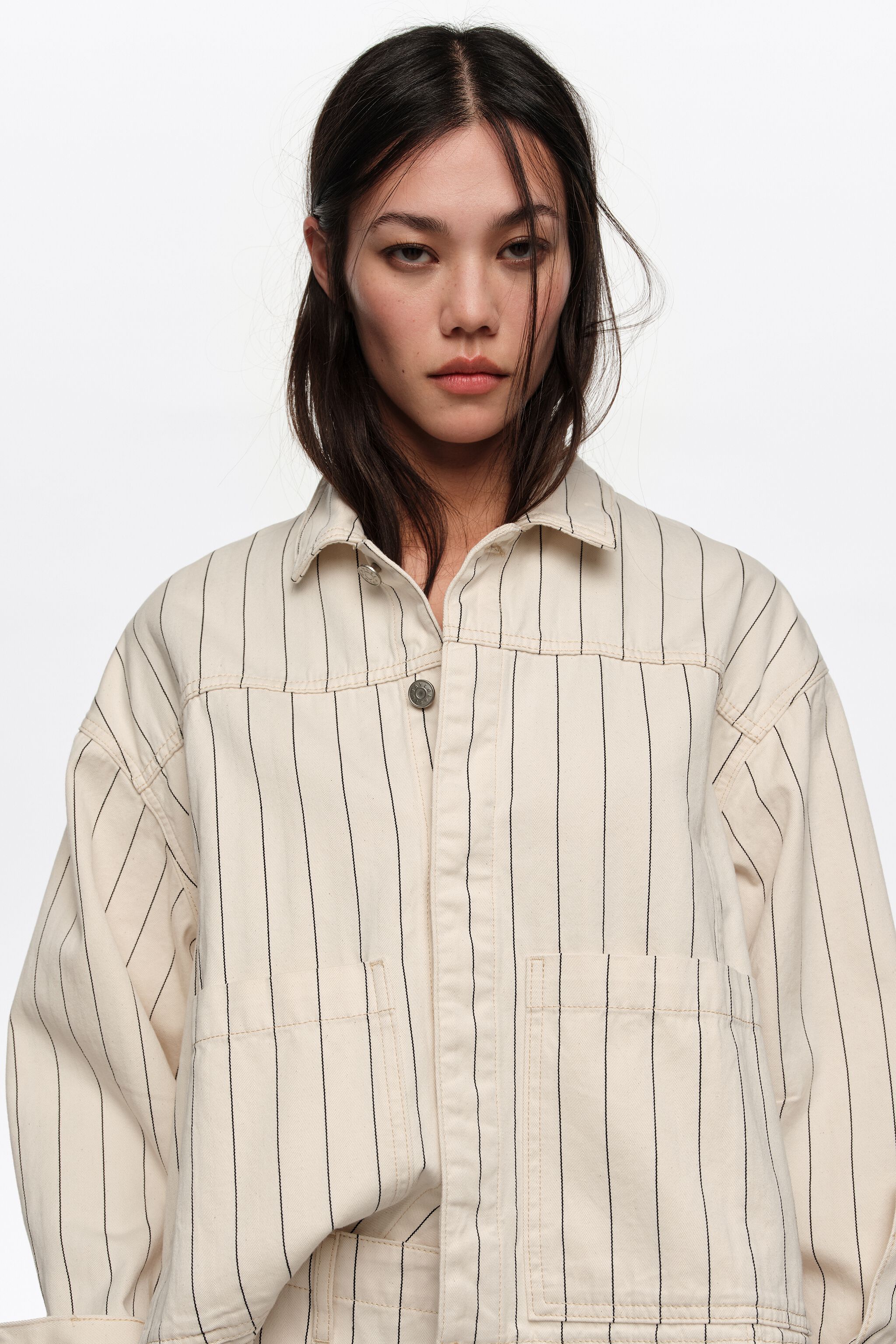 Off-weißes gestreiftes A-Linien-Denim-Jacke