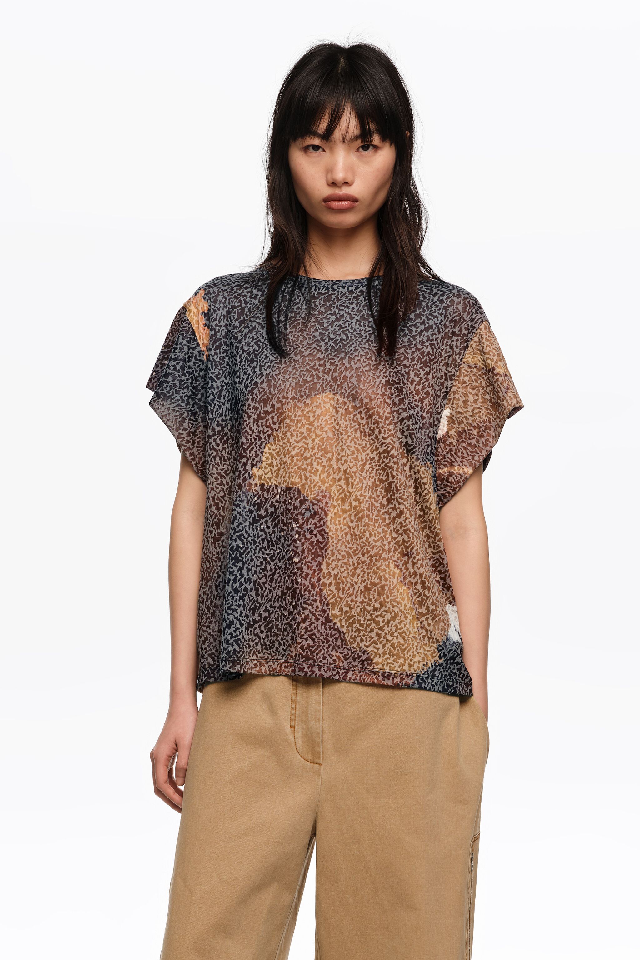 Blau schwarz Devoré Ärmel T-Shirt