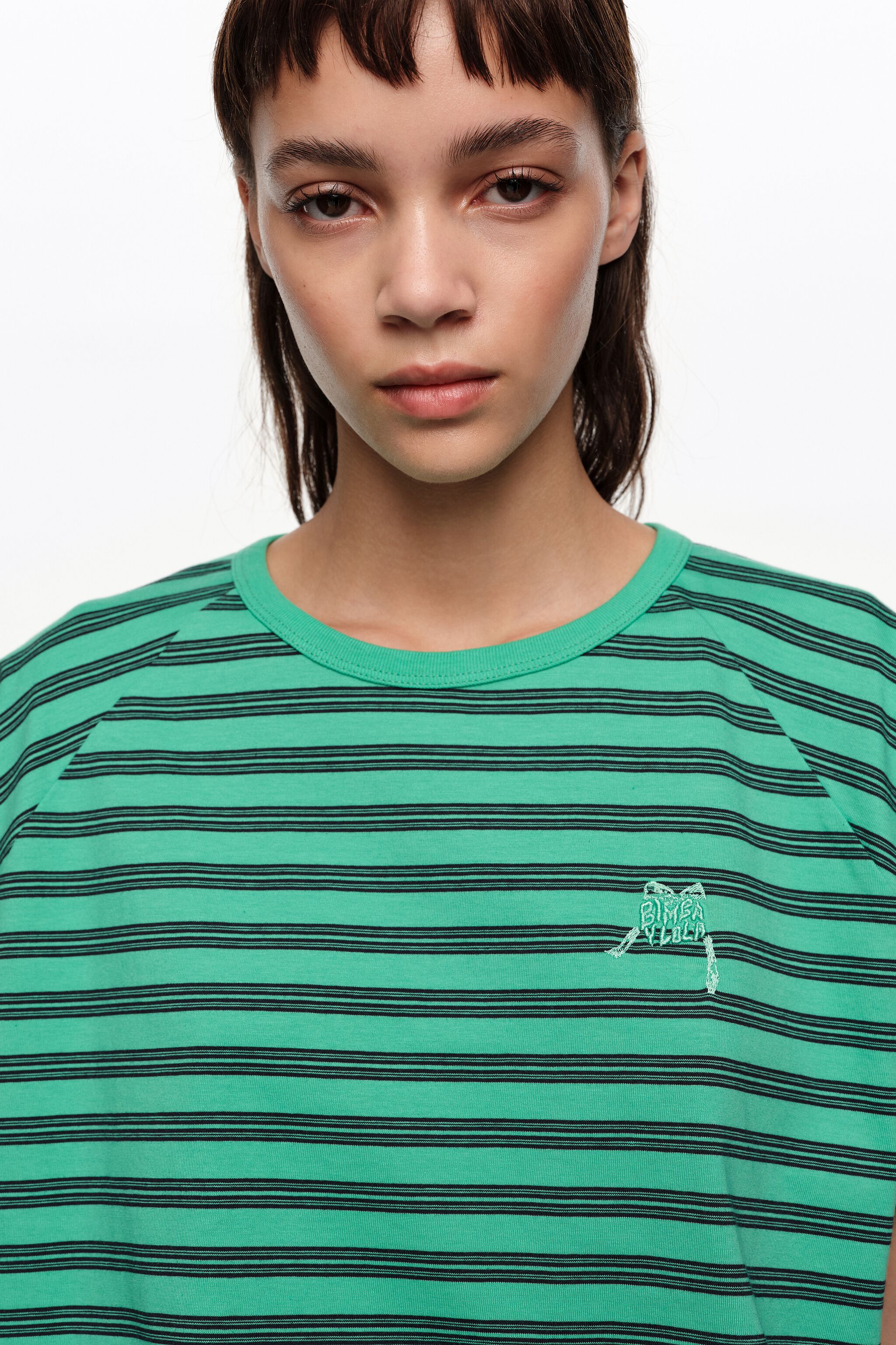 Grünes gestreiftes Crop-Top mit besticktem Logo