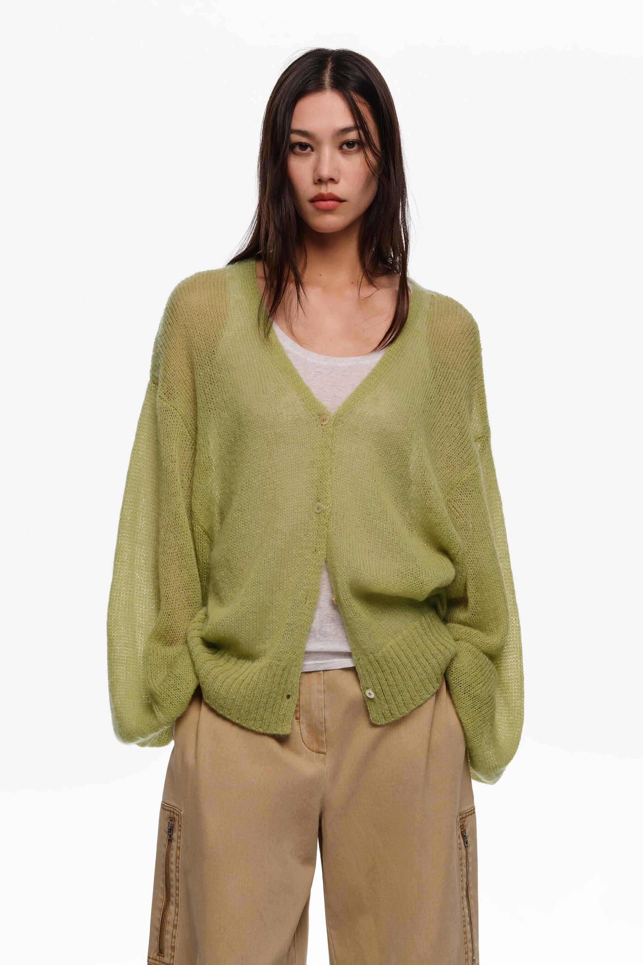 Grüner Langcardigan aus Mohair und Wolle