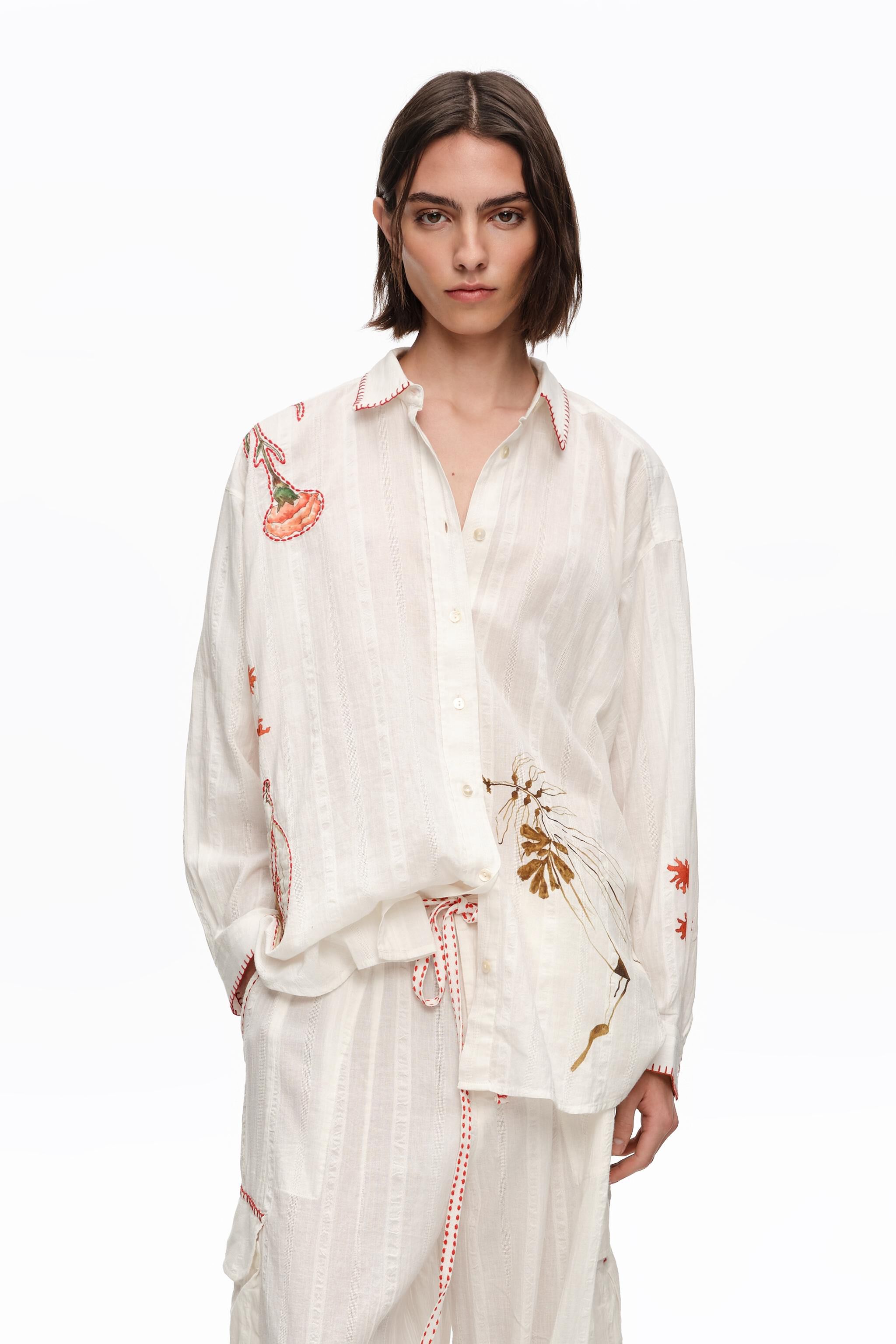 Ivory-Baumwollhemd mit Naht- und Print-Details