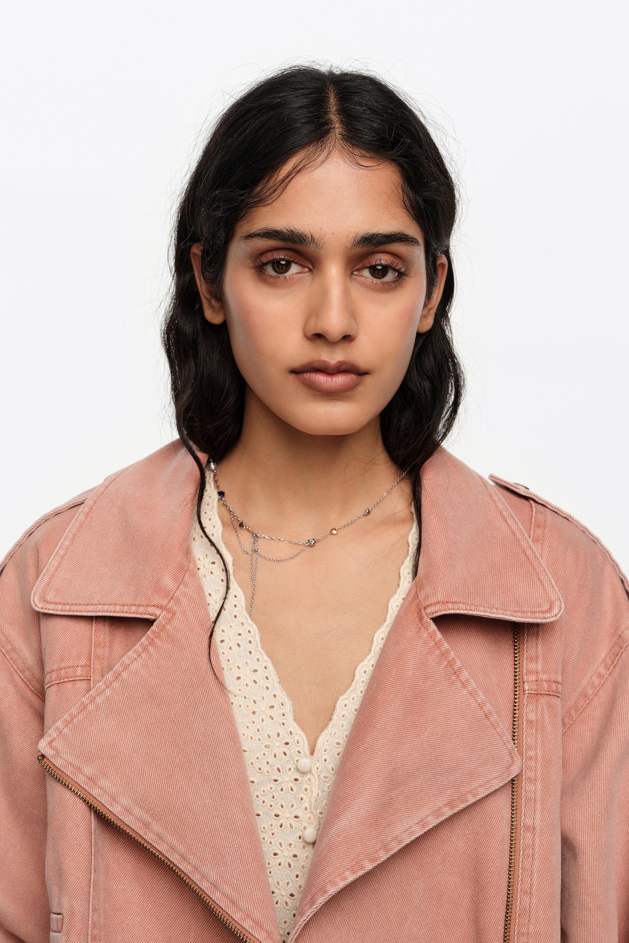 Pfirsichfarbene Denim-Doppelreiher-Jacke
