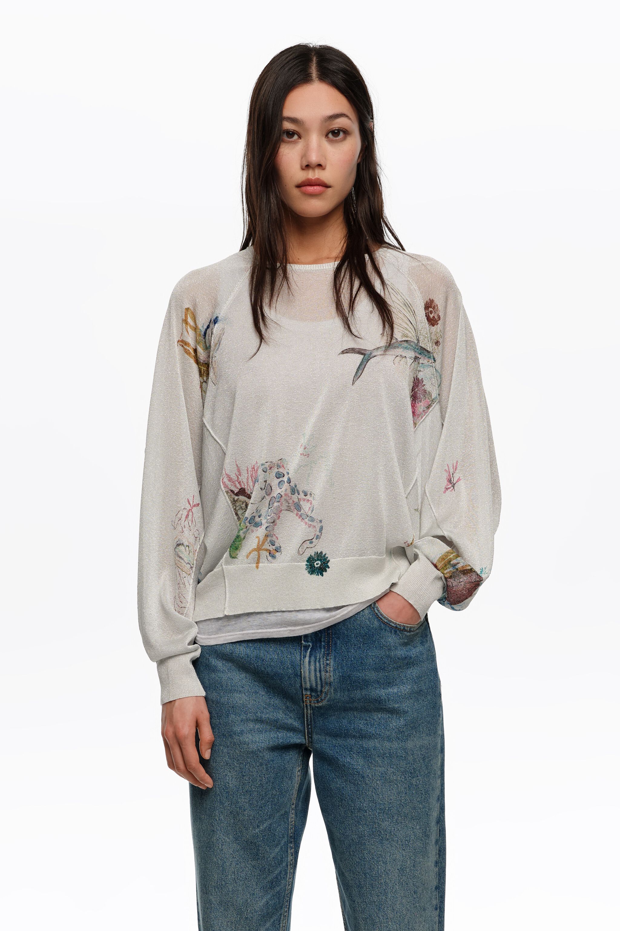 Off-weißes Seabed-Lurex-Batwing-Ärmel-Pullover
