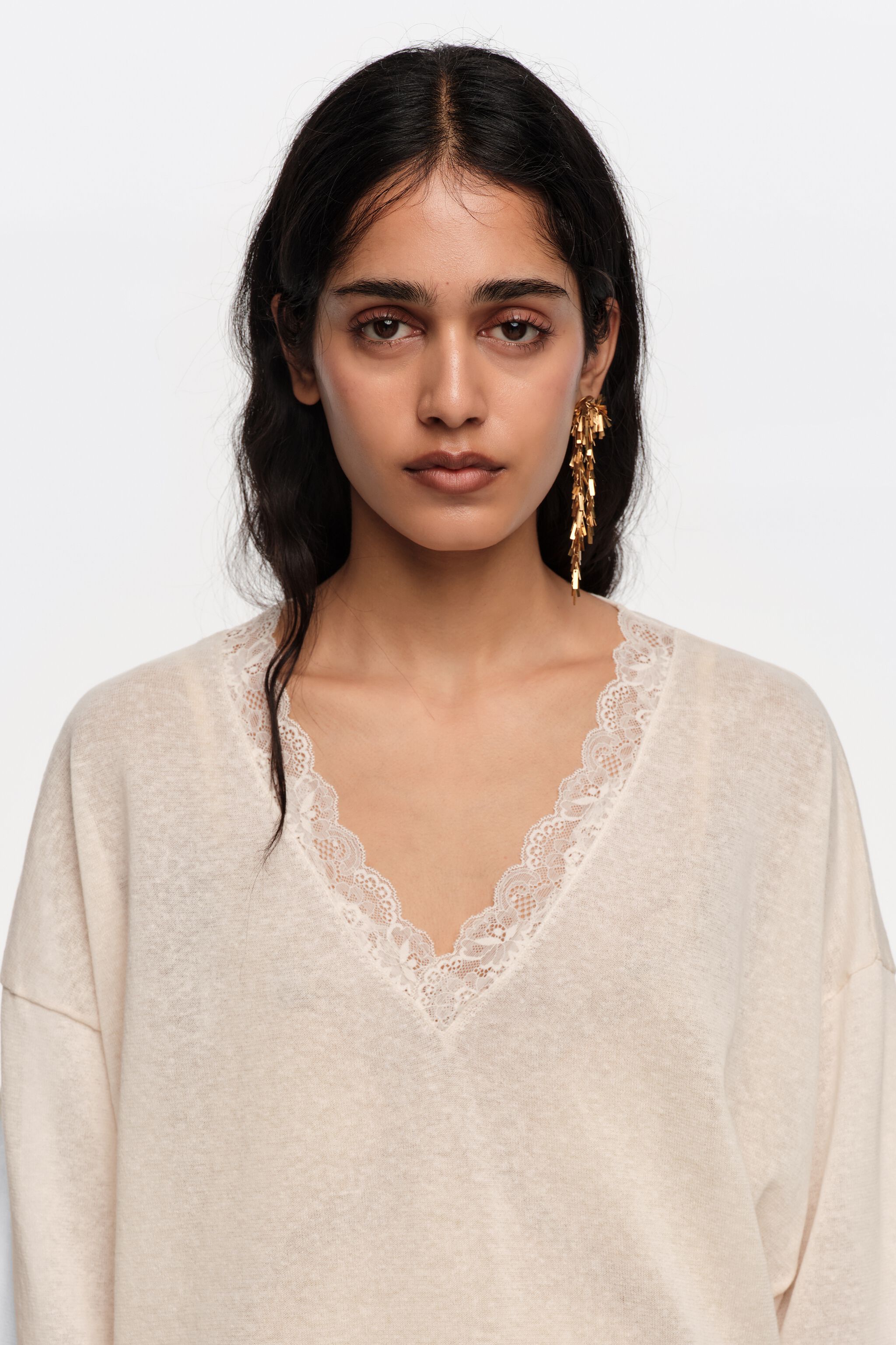 Langer Elfenbein-Linon-Kunstseidensweater