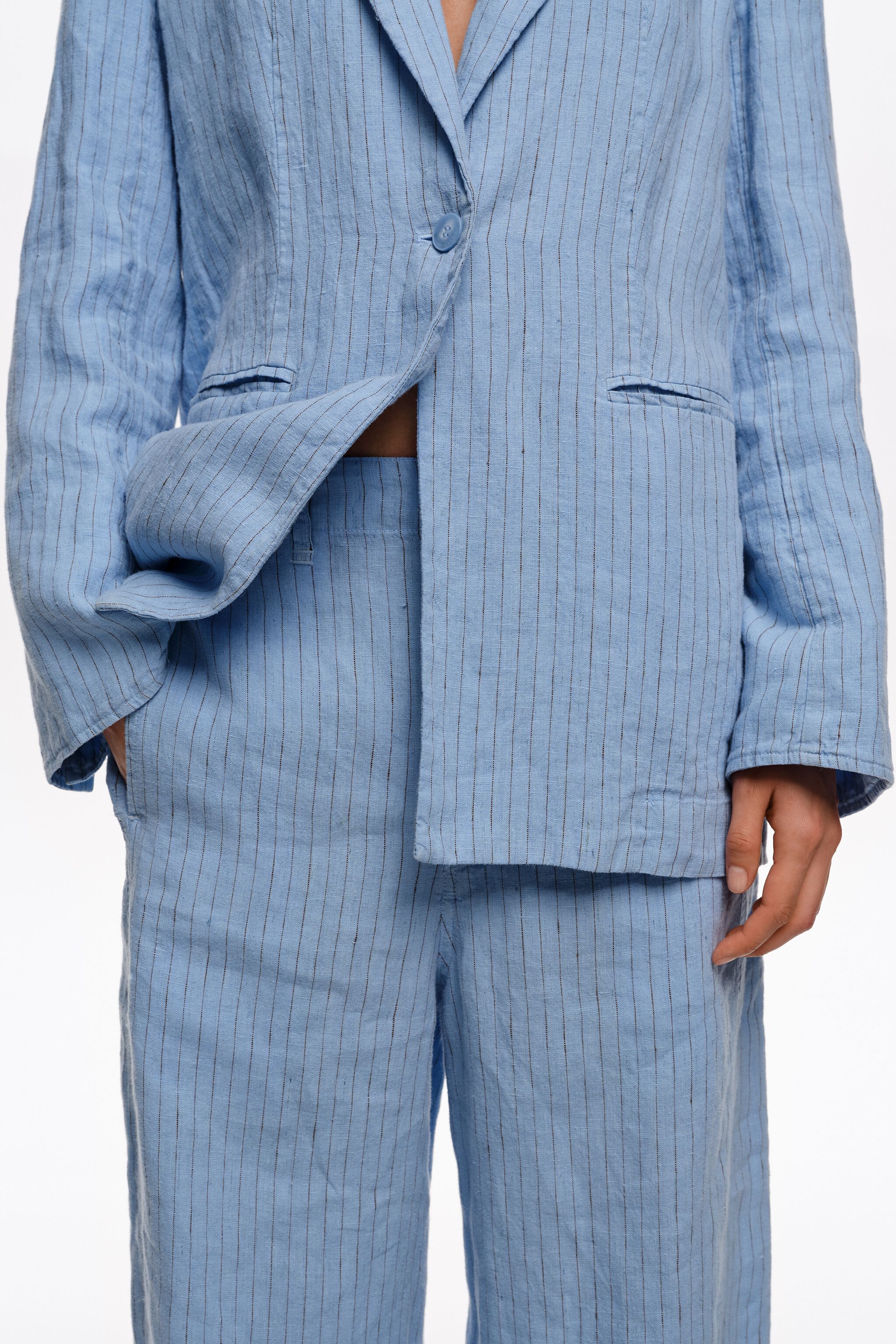 Leichtblau gestreifte gewaschene Leinen-Bohnenhosen