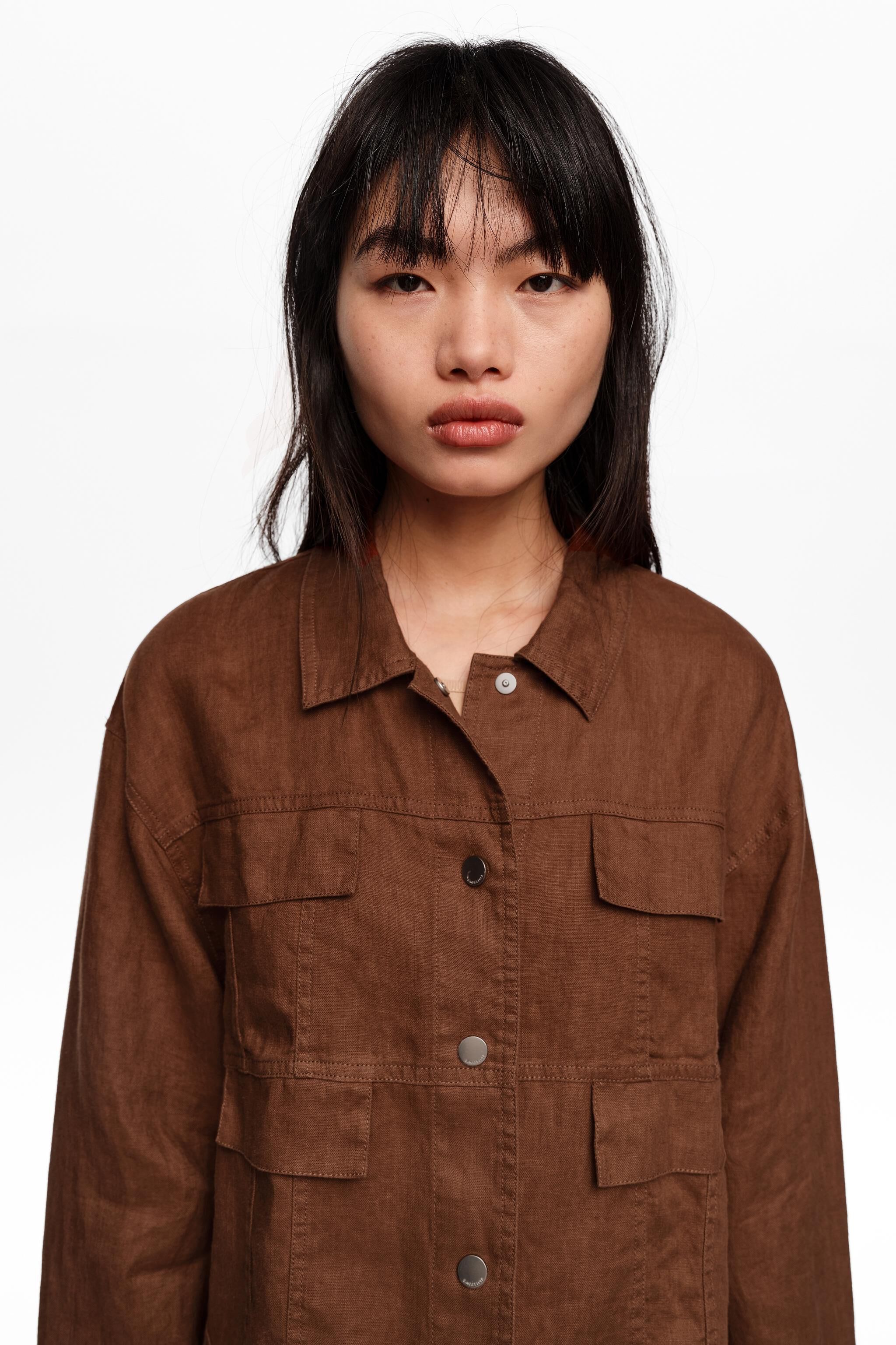 Brauner Leinen-Boxy-Jacke