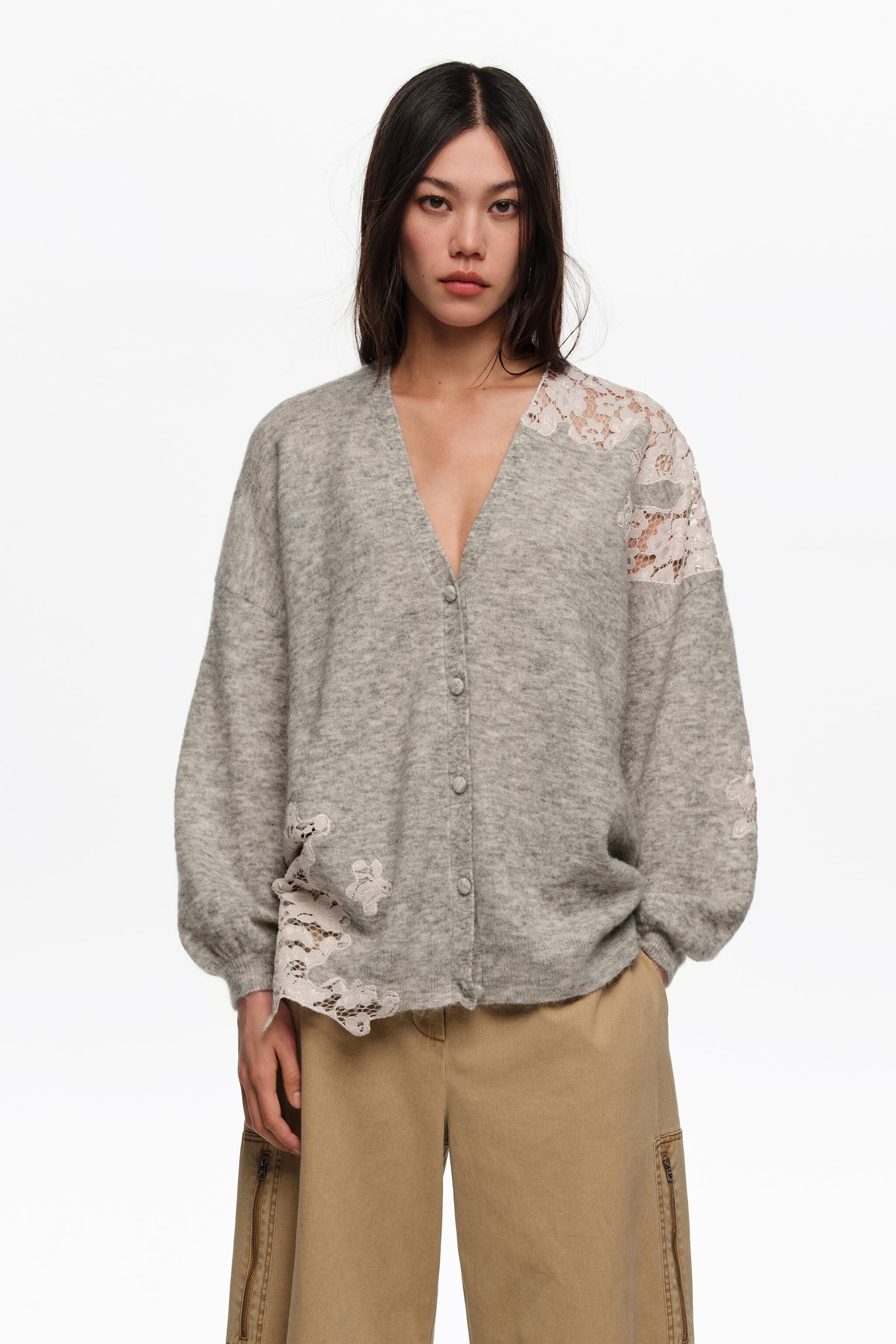 Lichtgrauer Langarm-Lace-Cardigan