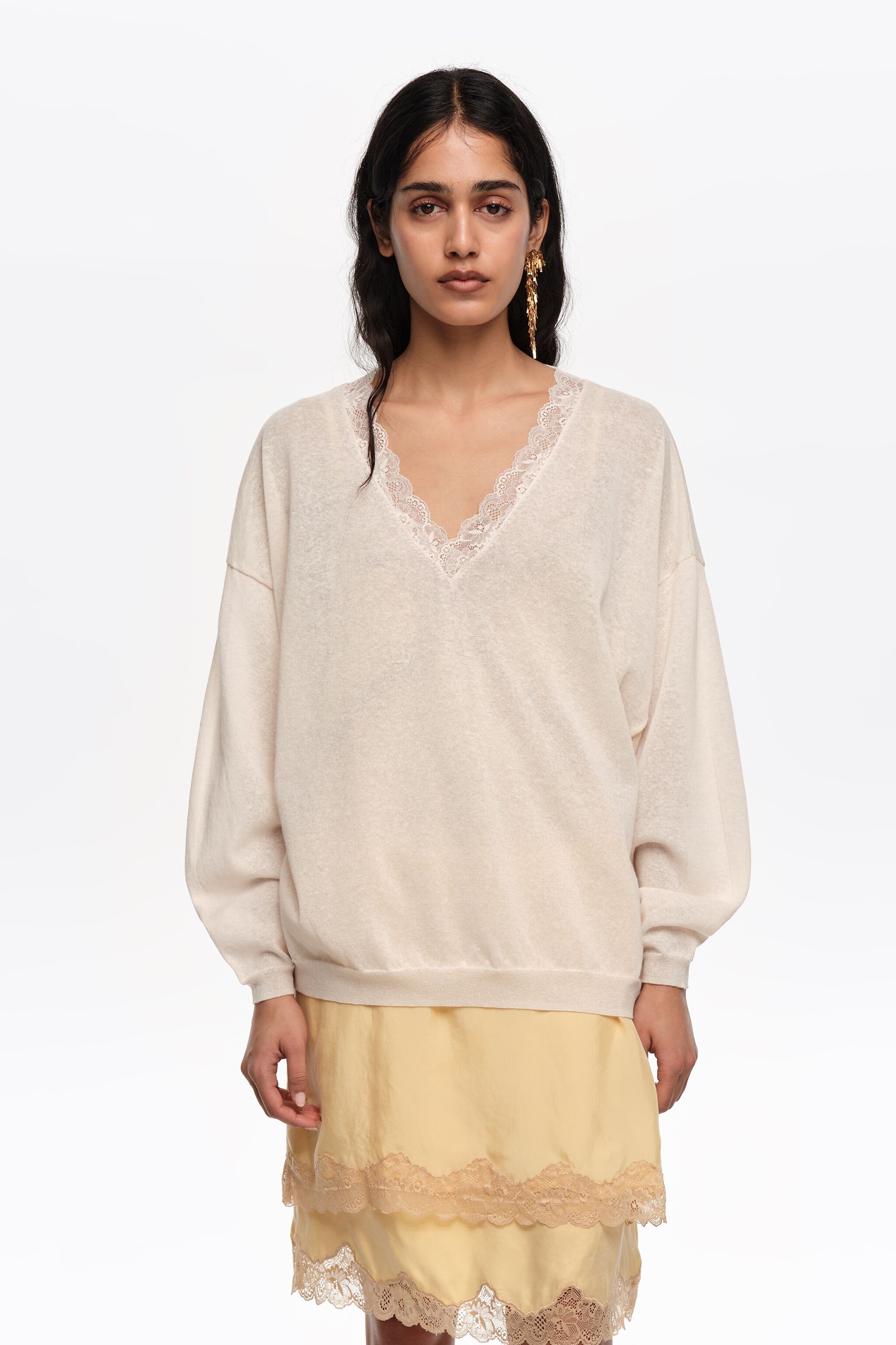 Langer Elfenbein-Linon-Kunstseidensweater