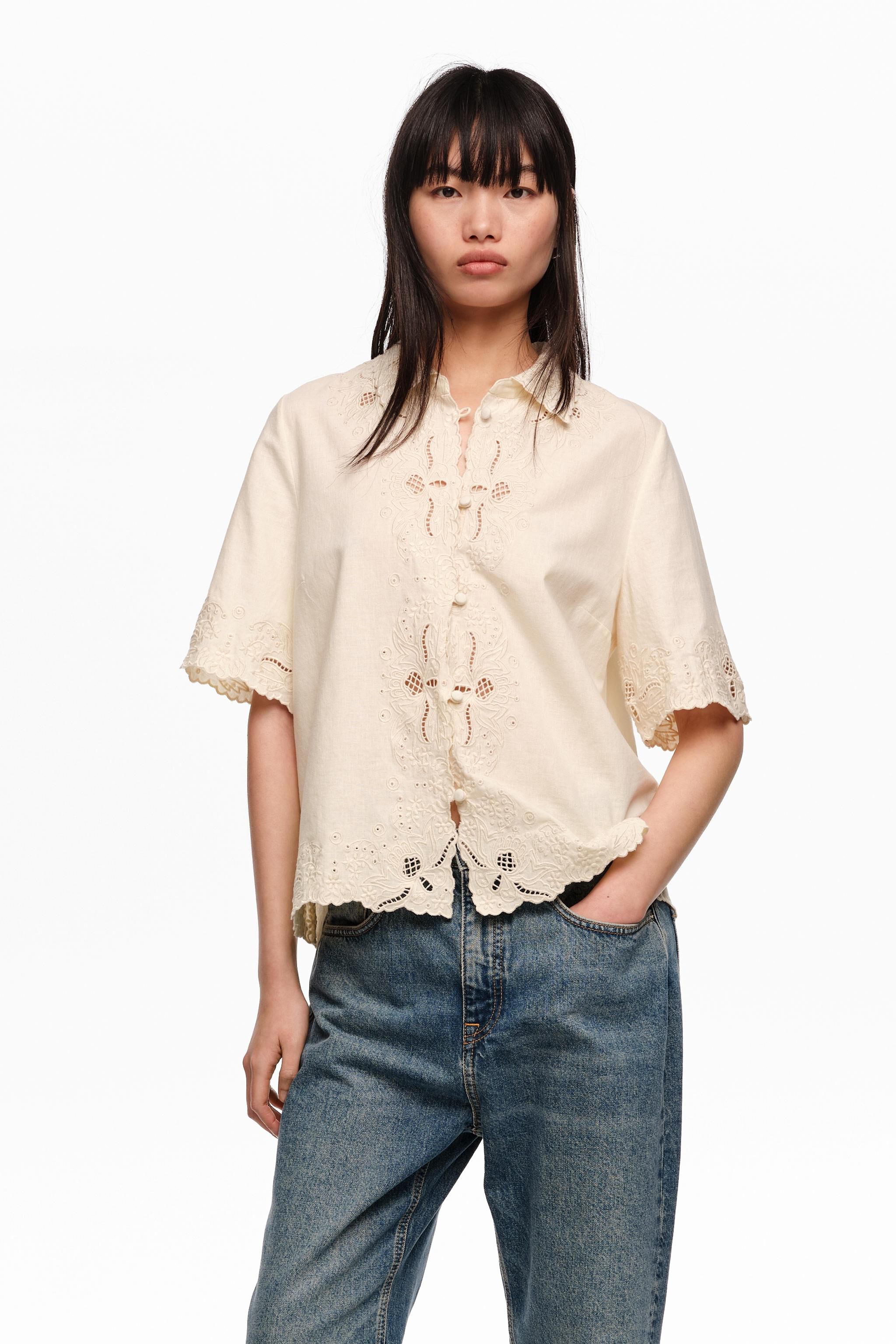 Beige Leinen Baumwoll besticktes Hemd