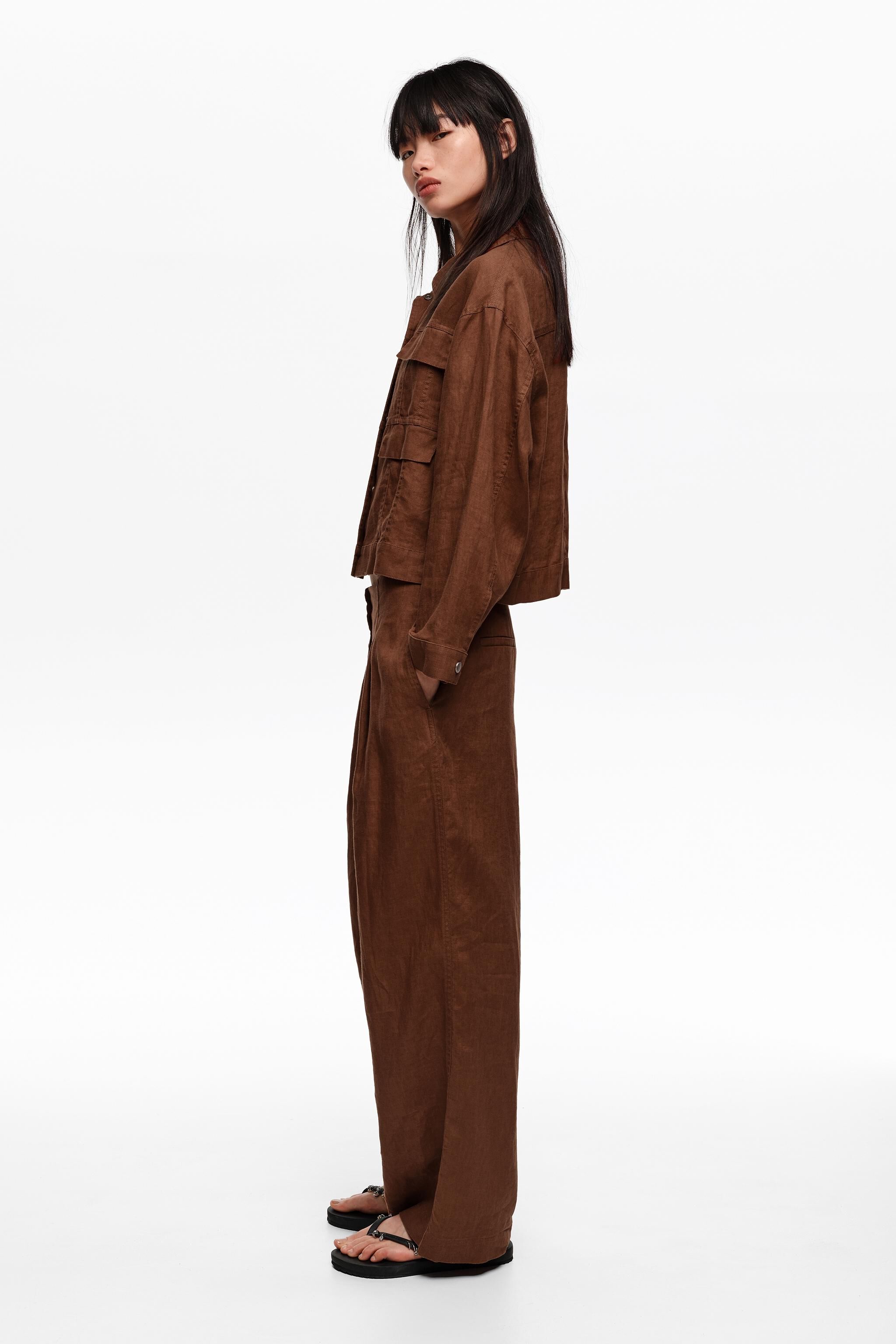 Brauner Leinen-Boxy-Jacke