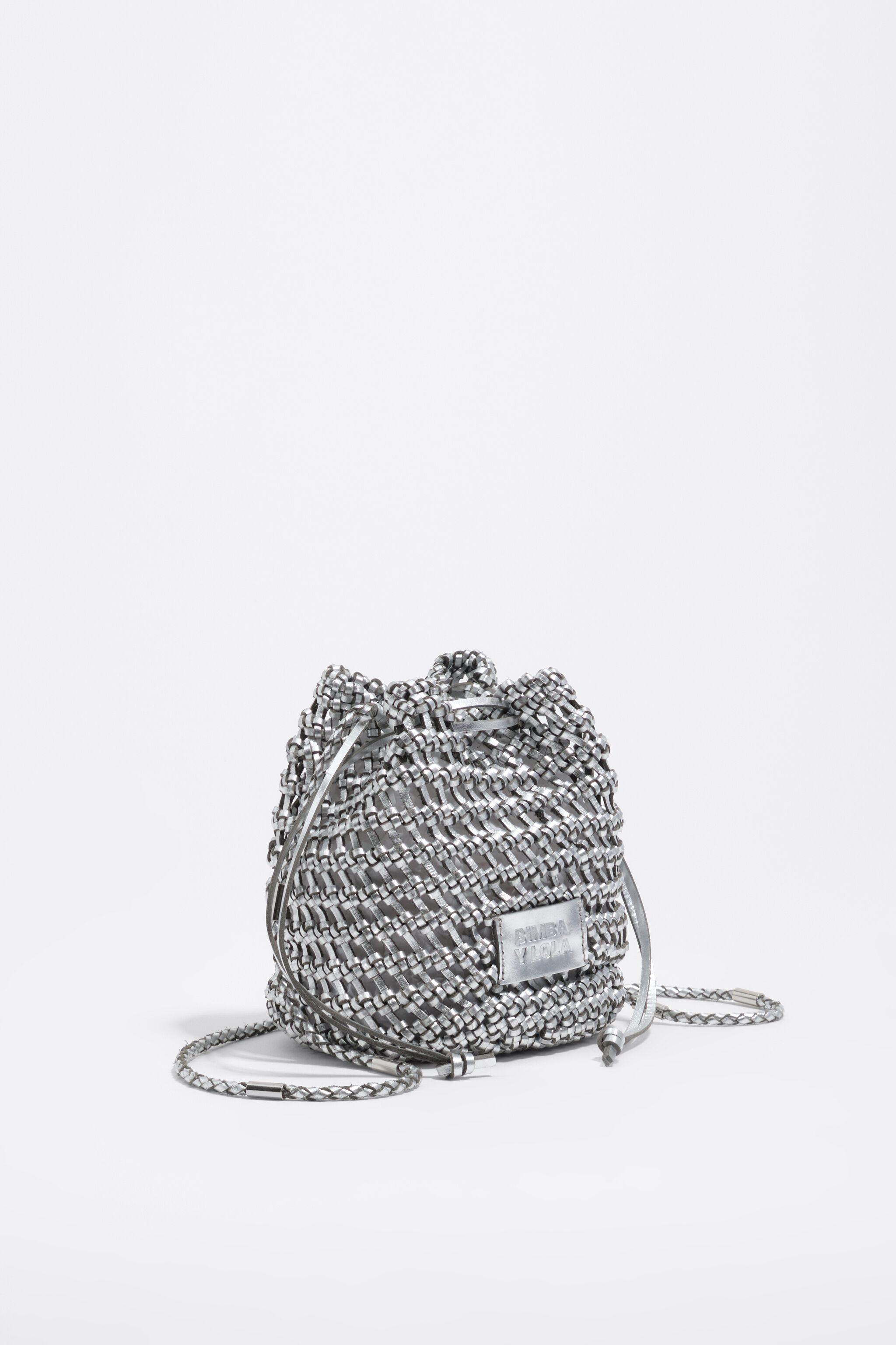 Silberne Mini-geflochtene Lederhandtasche