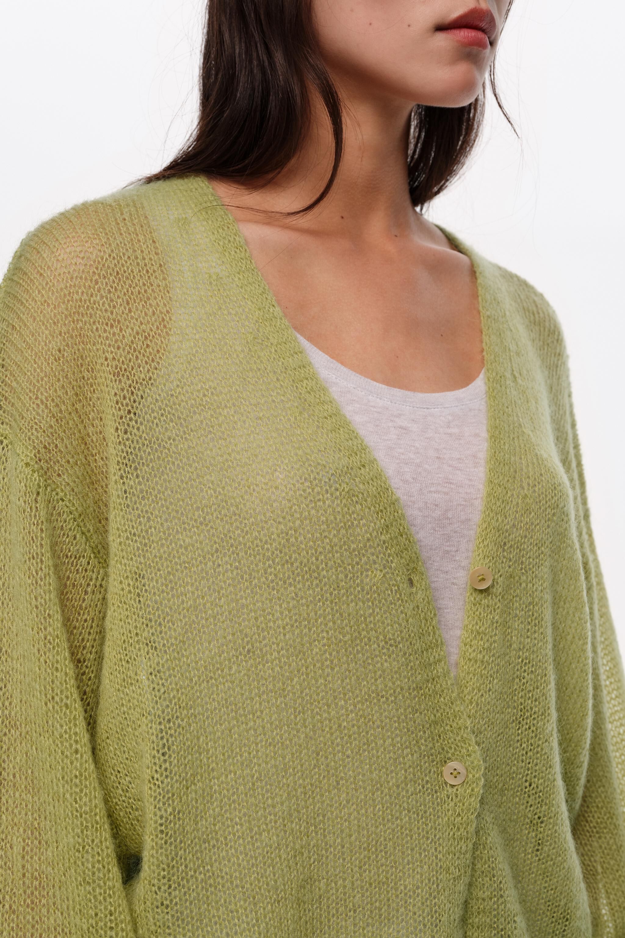 Grüner Langcardigan aus Mohair und Wolle