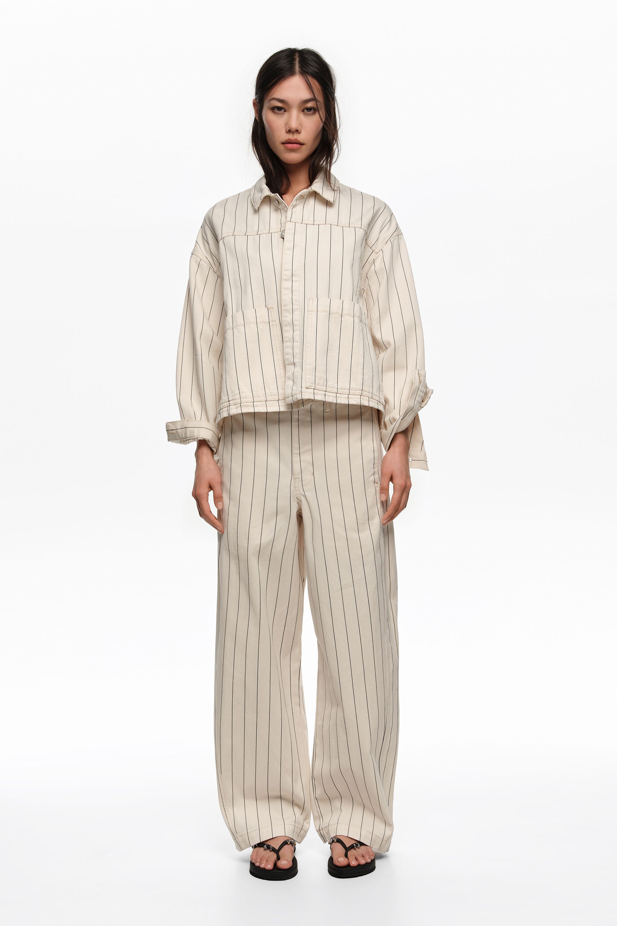 BARREL - Beige gestreifte Jeans