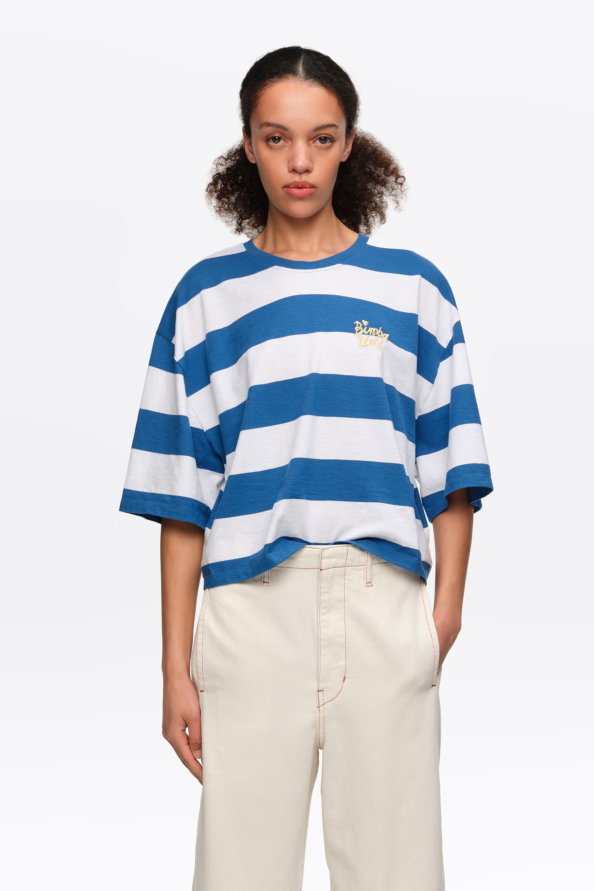 Brauner gestreifter Baumwoll-Boxy-T-Shirt