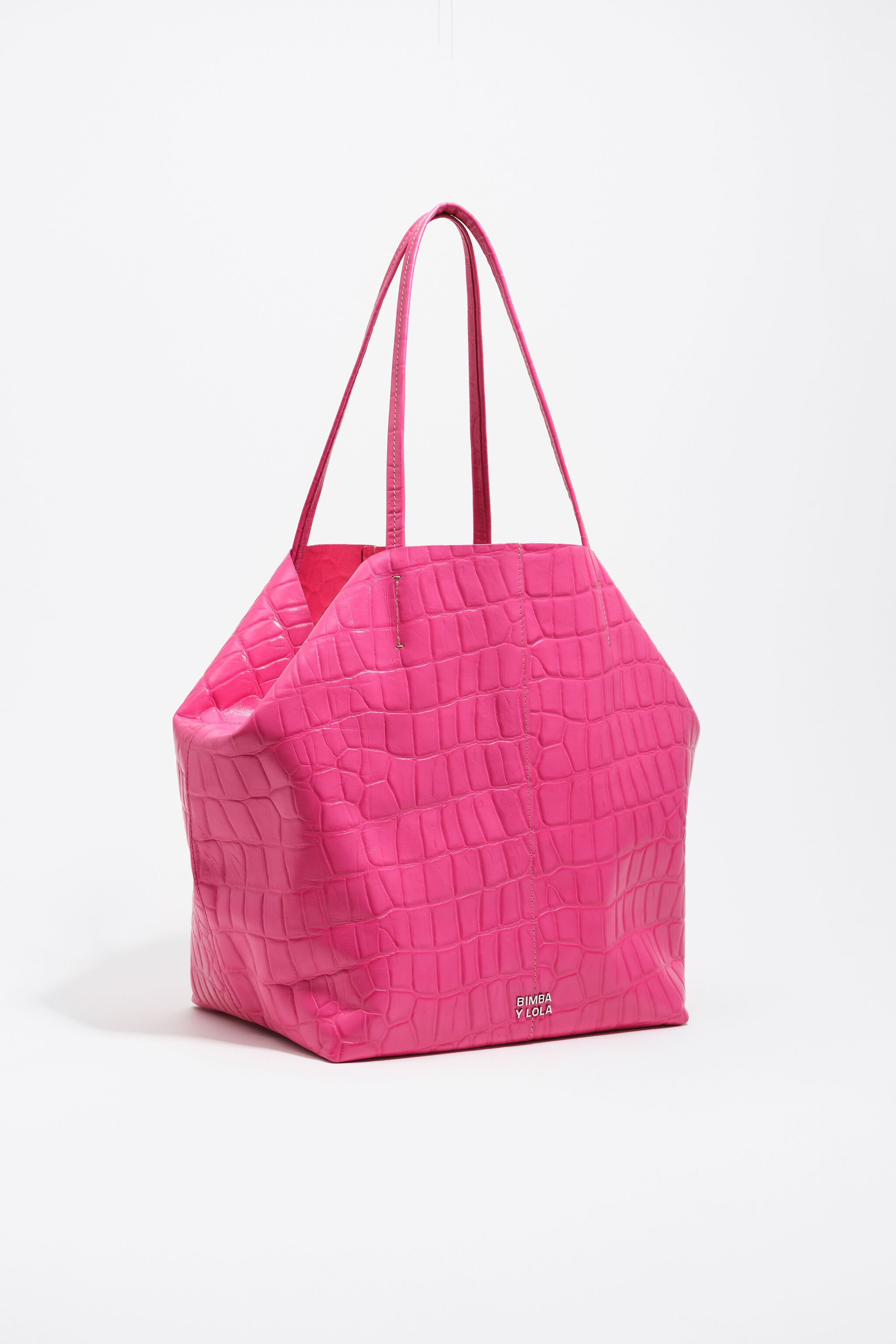 Große Leder-Einkaufstasche in Fuchsia mit Krokodil-Prägung