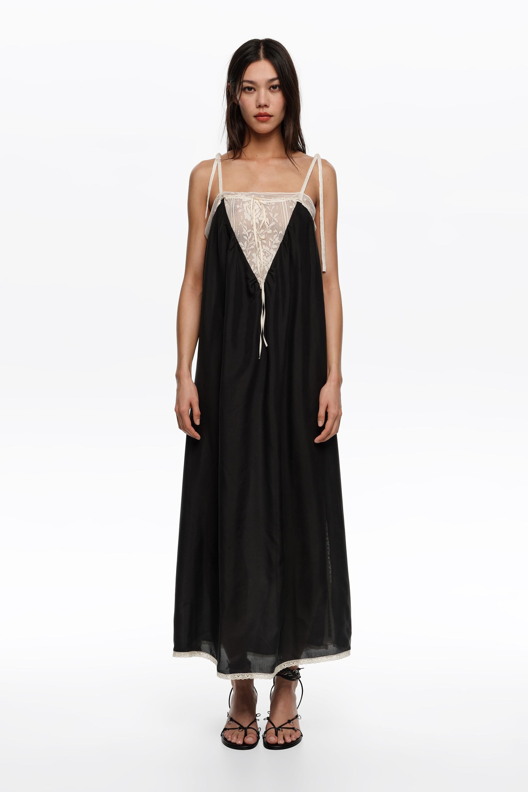 Schwarzes Seiden-Spitzen-Strap- Kleid