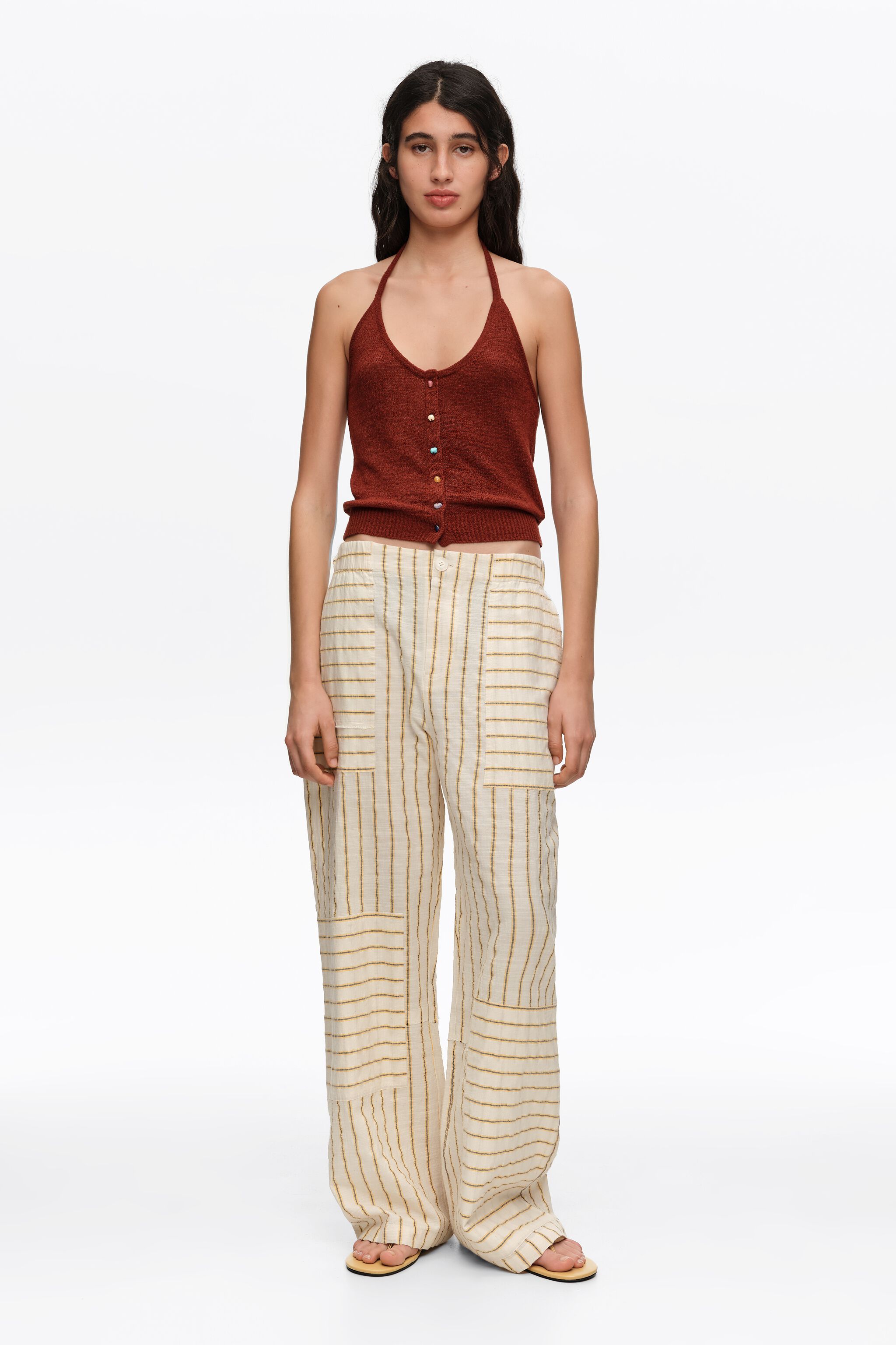 Ockerfarbene Joggerhosen aus Patchwork-Cotton mit Streifen