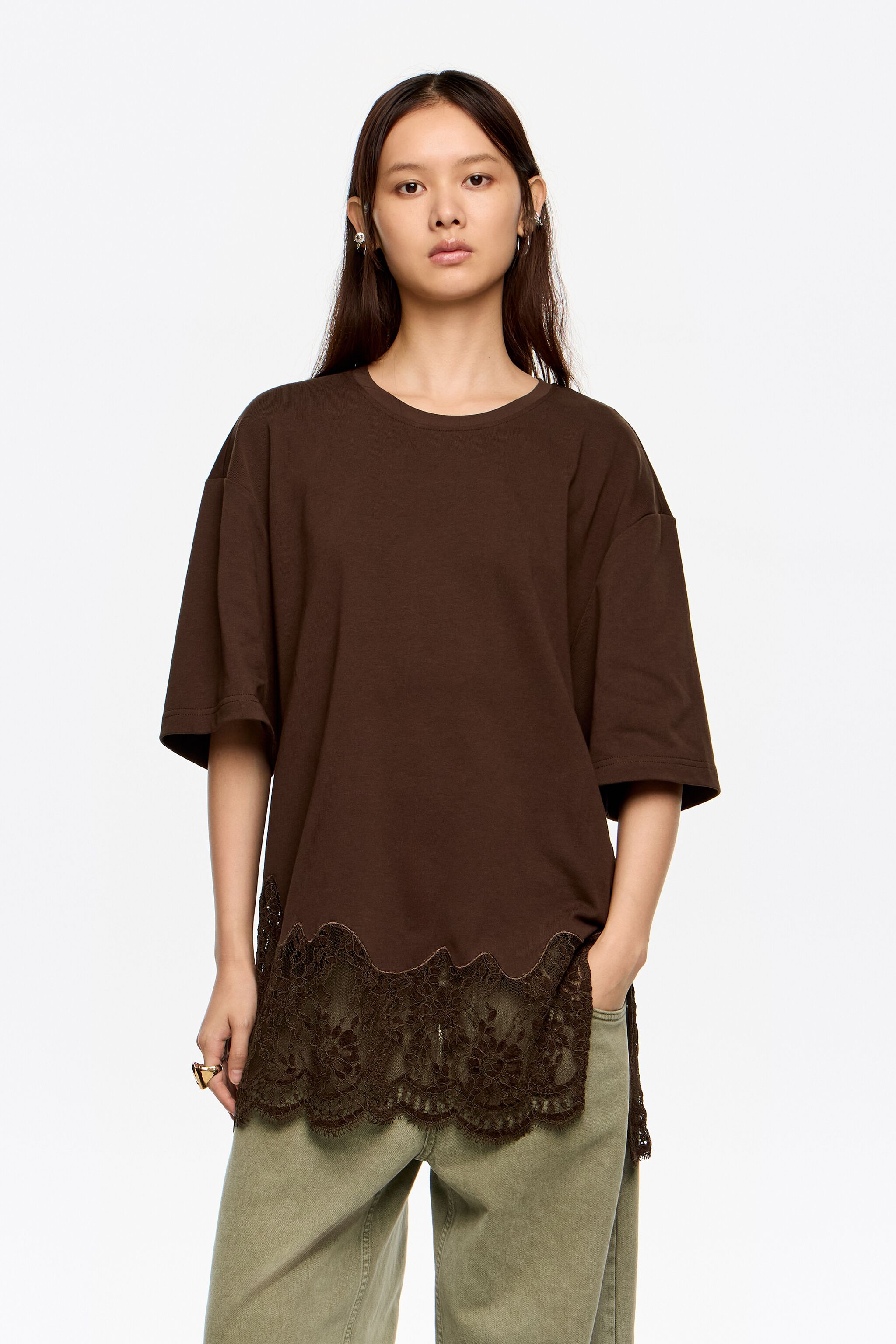 Oversize dunkelbraun Spitze T-Shirt