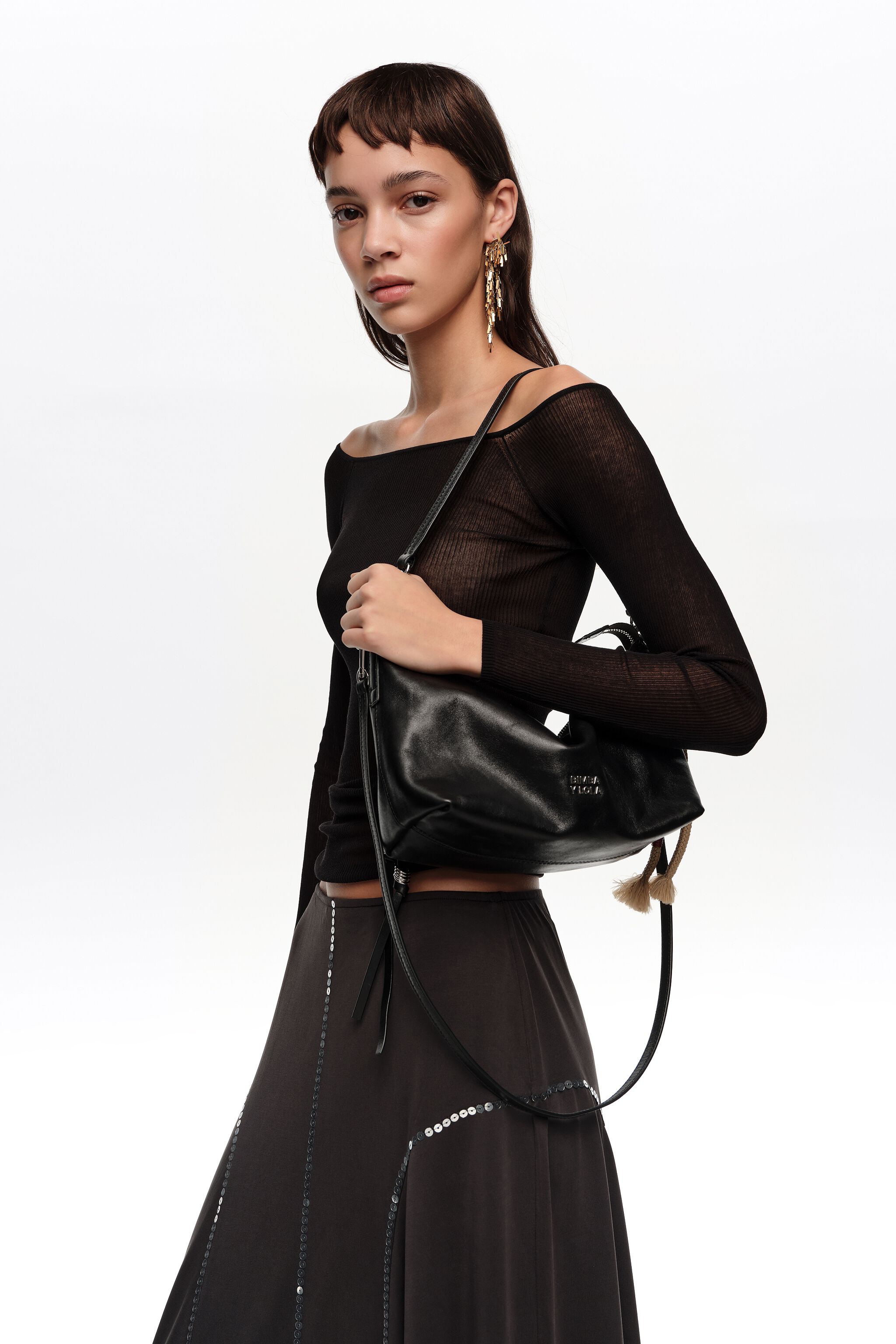 Medium schwarze Leder-Trapecio-Tasche
