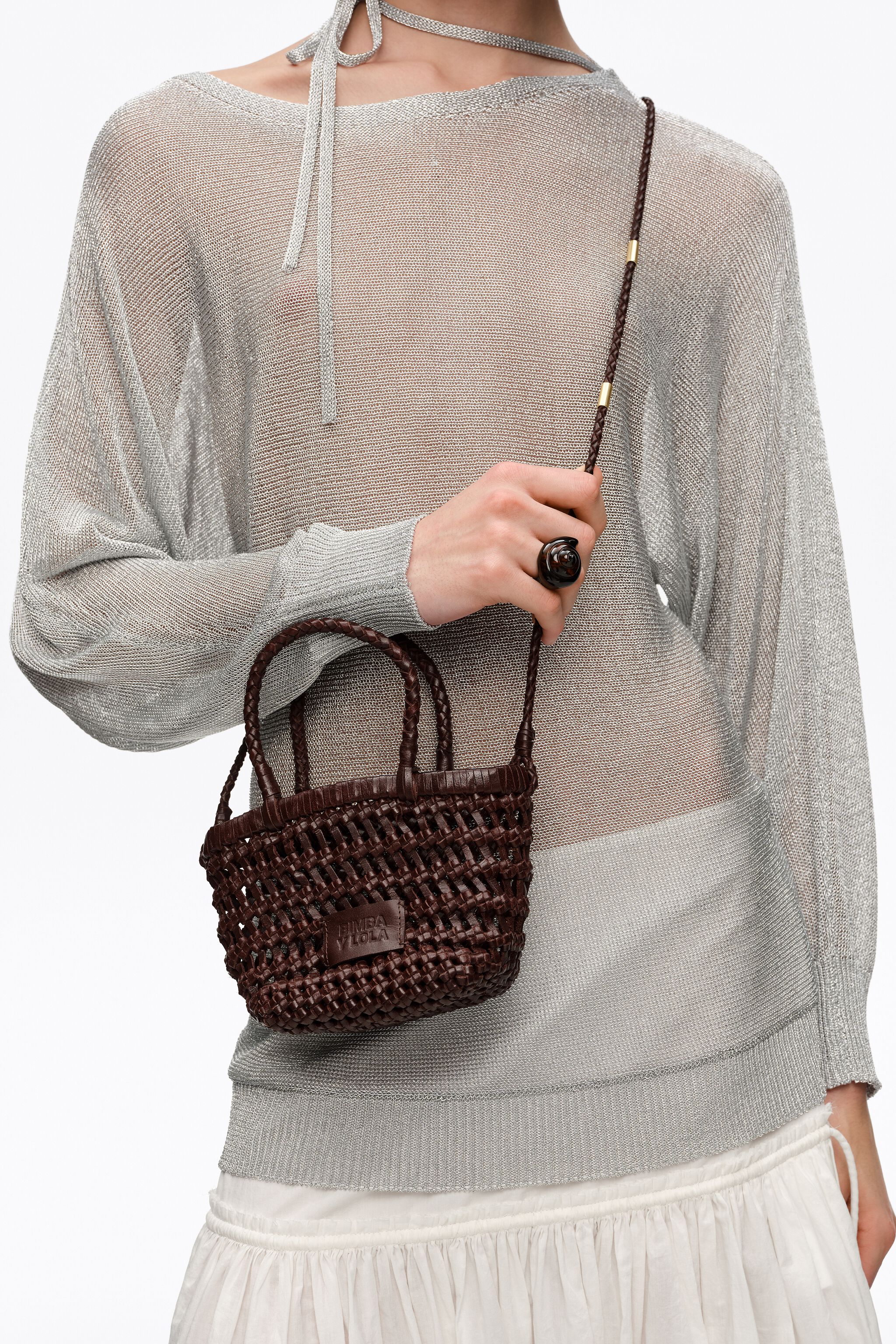 Dunkelbraune Mini-geflochtene Lederhandtasche