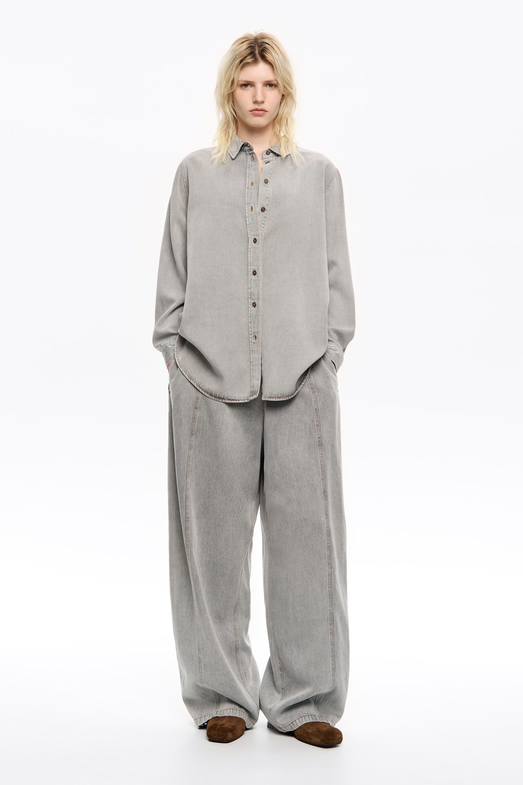 Graue Fließende weite Hose aus Denim