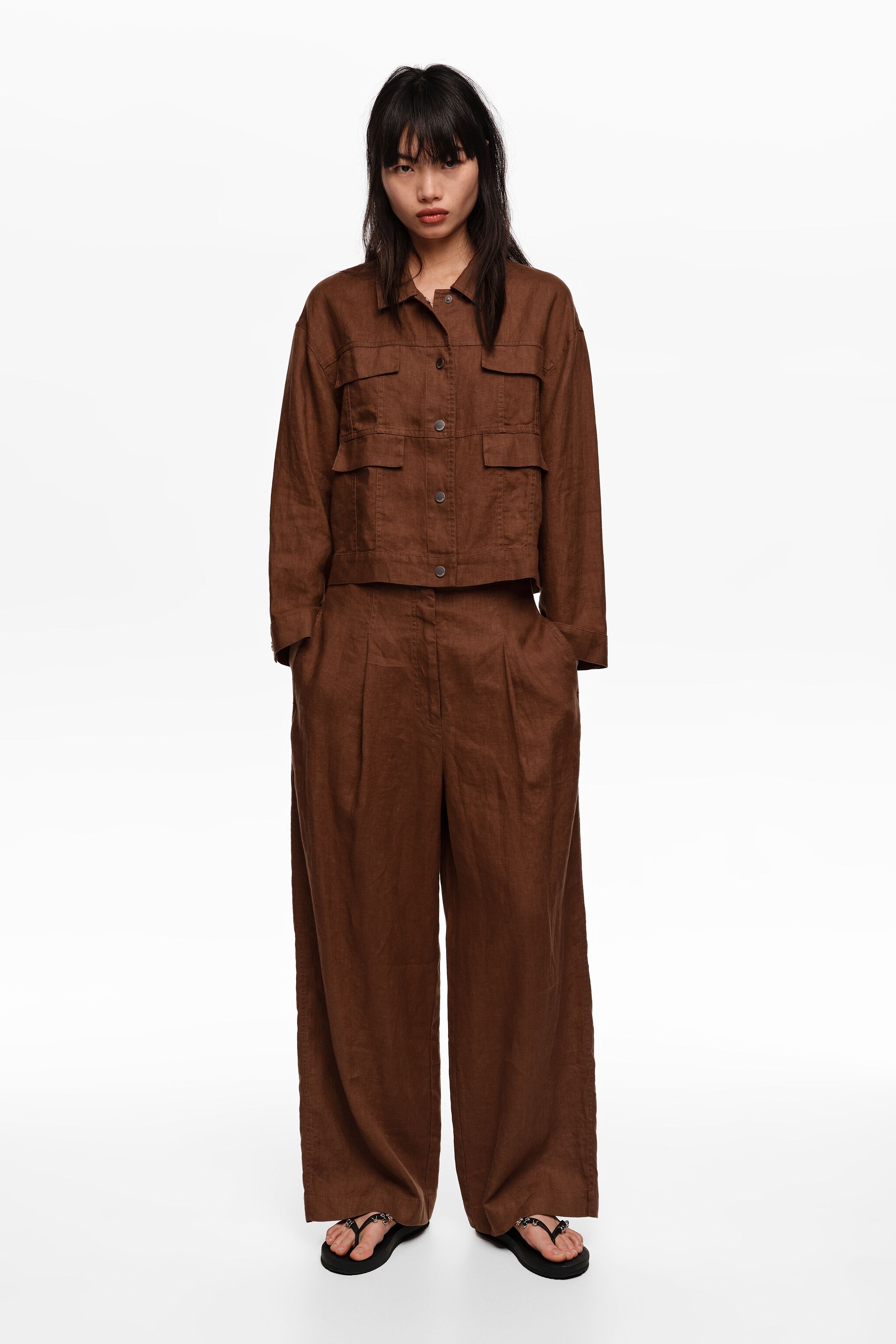Brauner Leinen-Boxy-Jacke