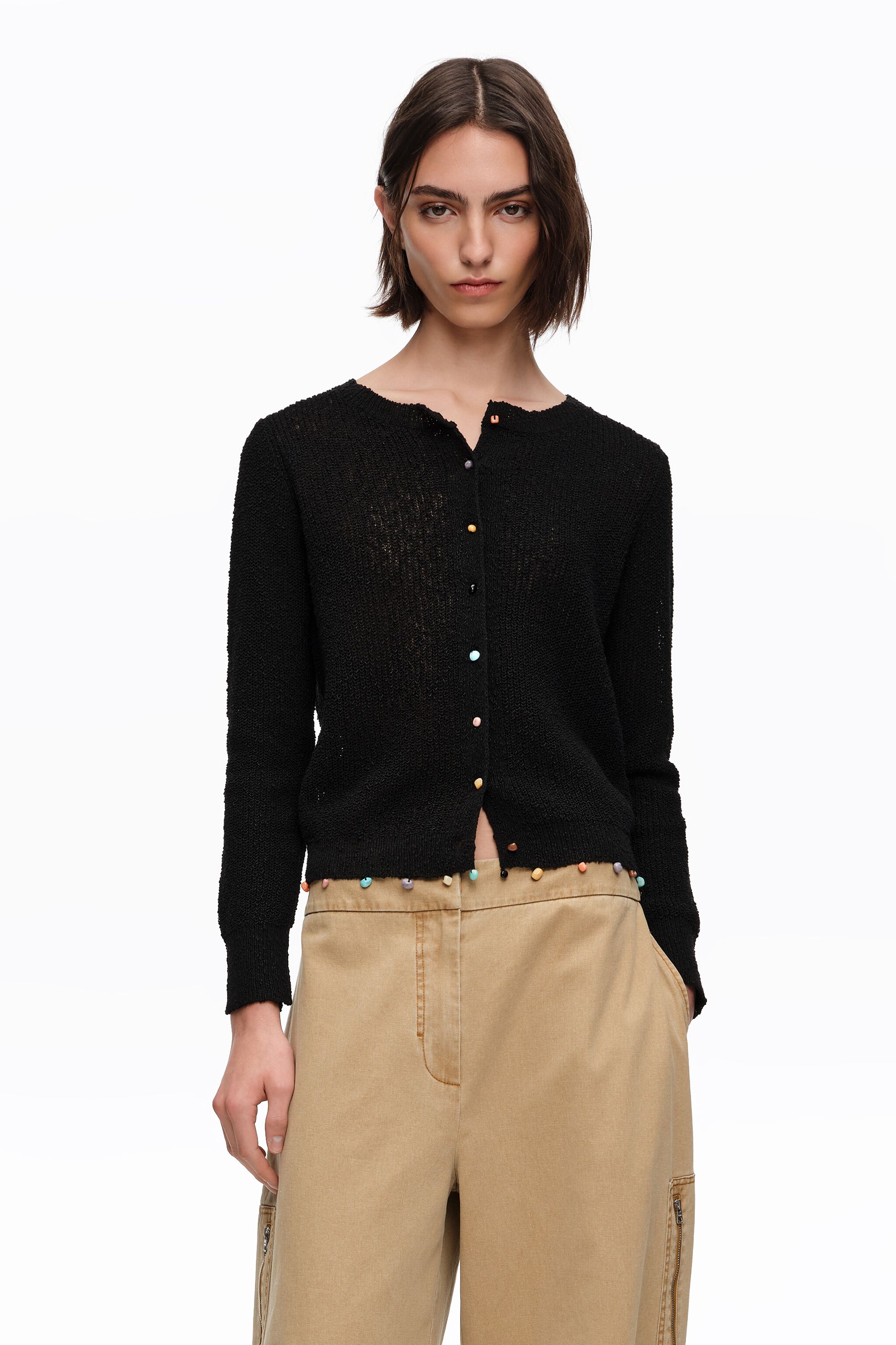 Gerader schwarzer Cardigan mit Steinen