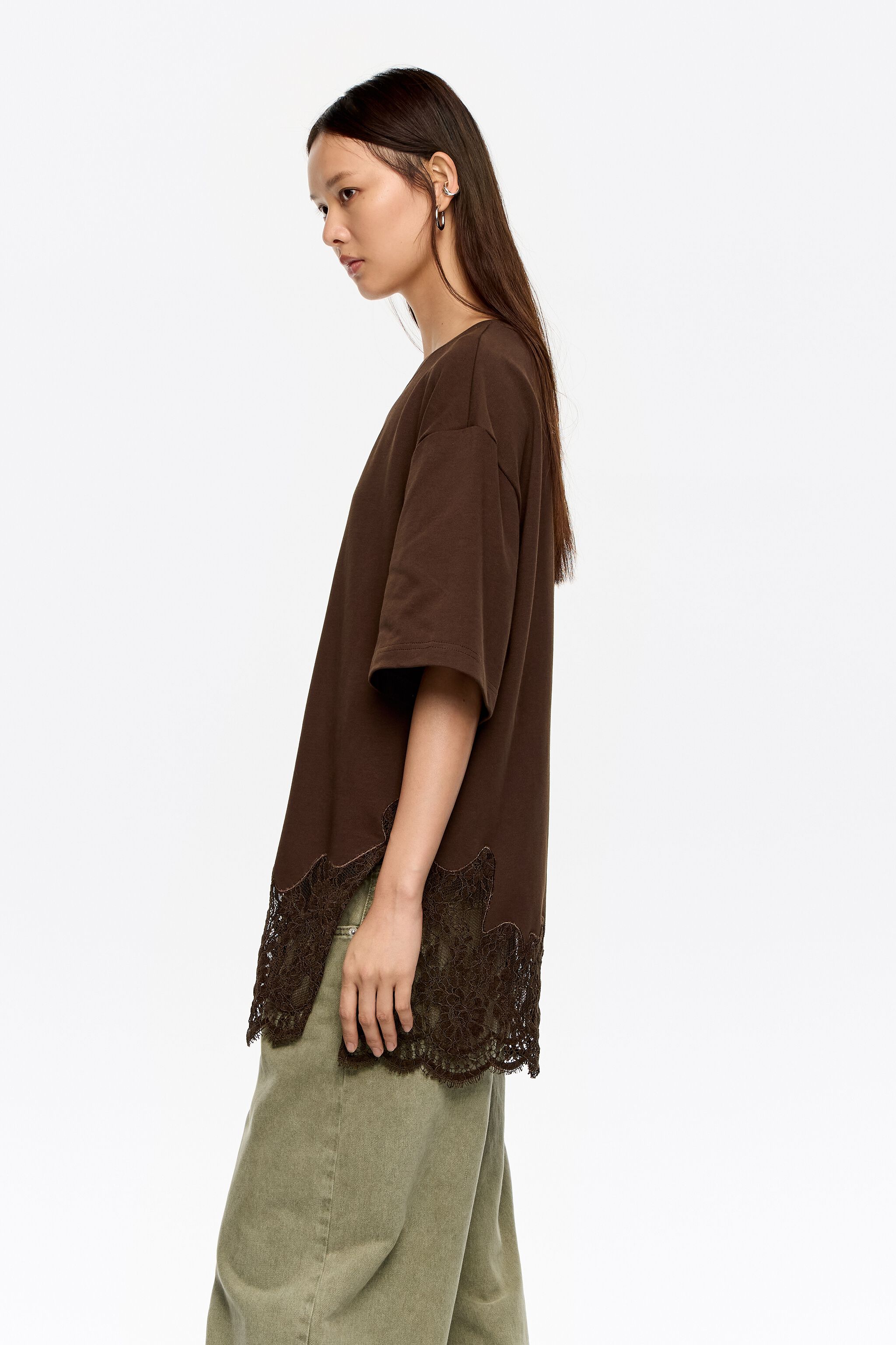 Oversize dunkelbraun Spitze T-Shirt